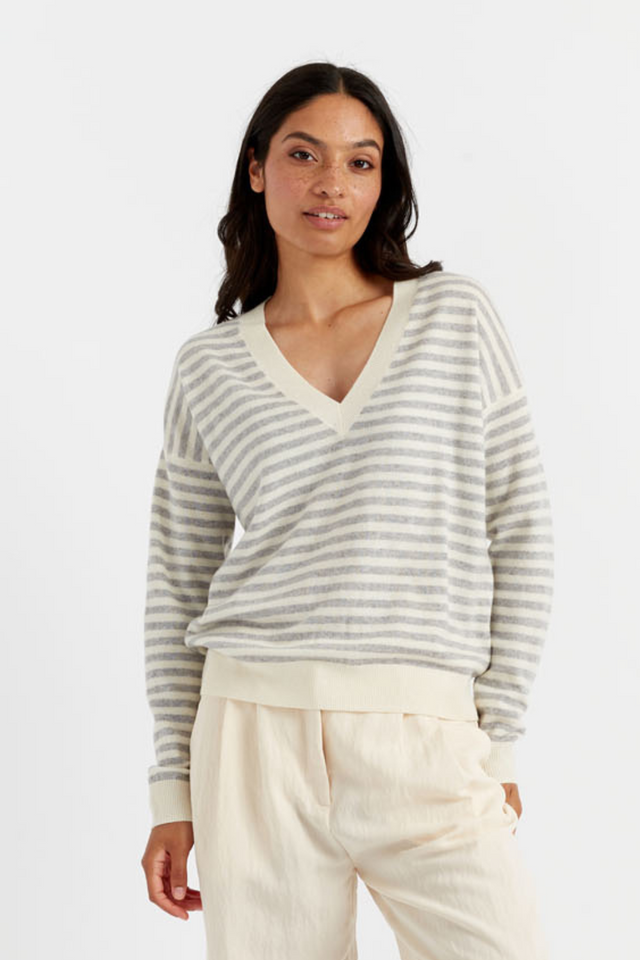 Cream Wool-Cashmere Stripe V-Neck Sweater image 1