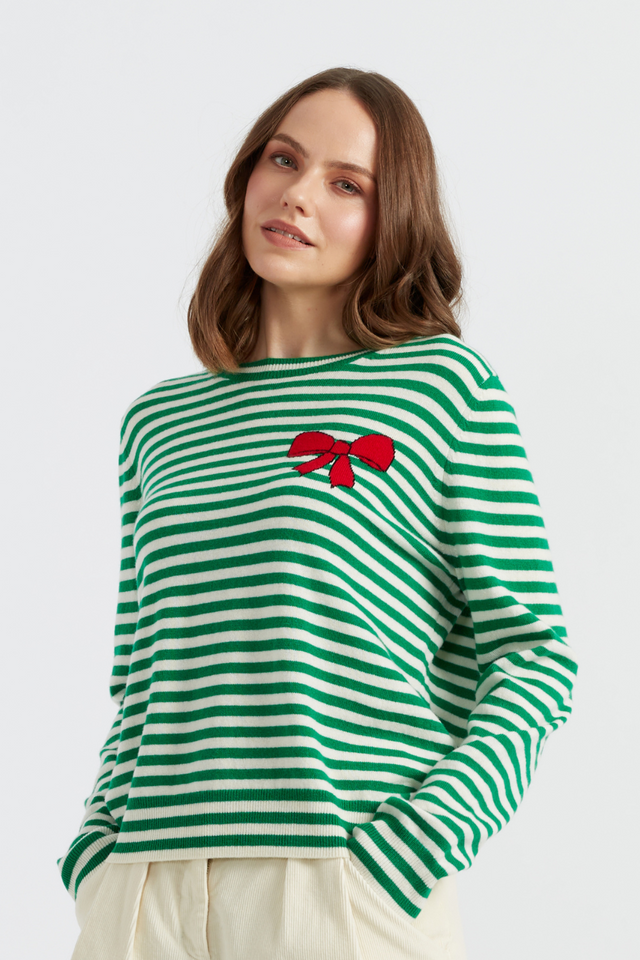 Green Wool-Cashmere Bow Breton Sweater image 1