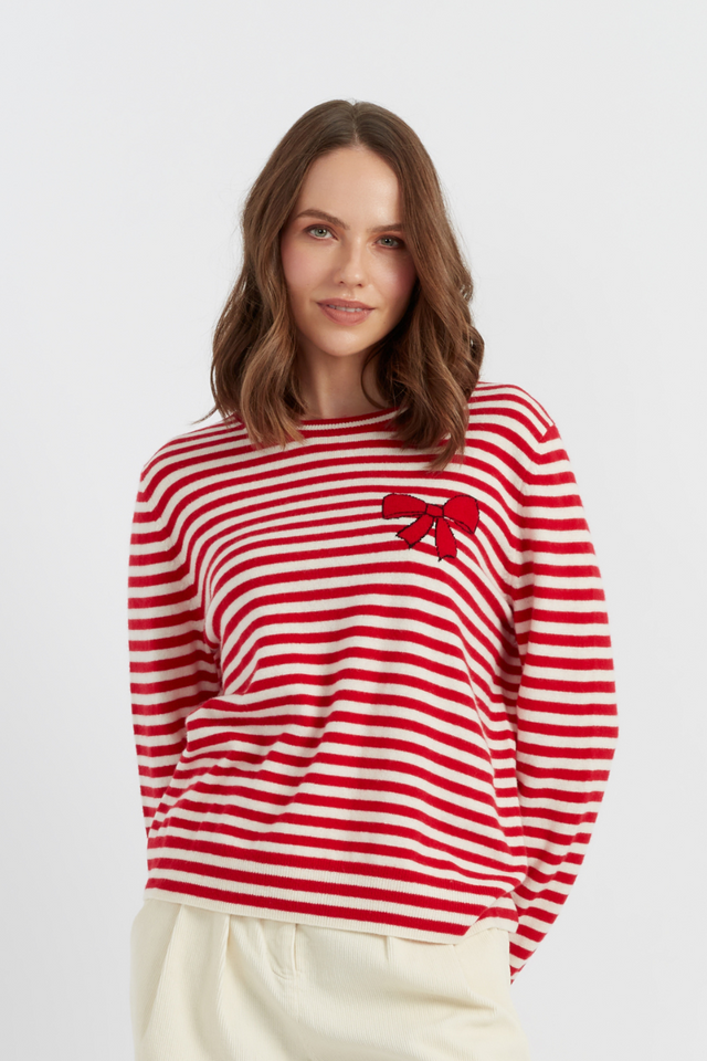 Red Wool-Cashmere Bow Breton Sweater image 1