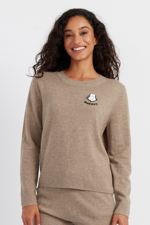 Soft-Truffle Wool-Cashmere Snoopy Badge Sweater image 1