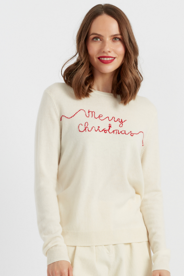 Cream Wool-Cashmere Merry Christmas Sweater image 1