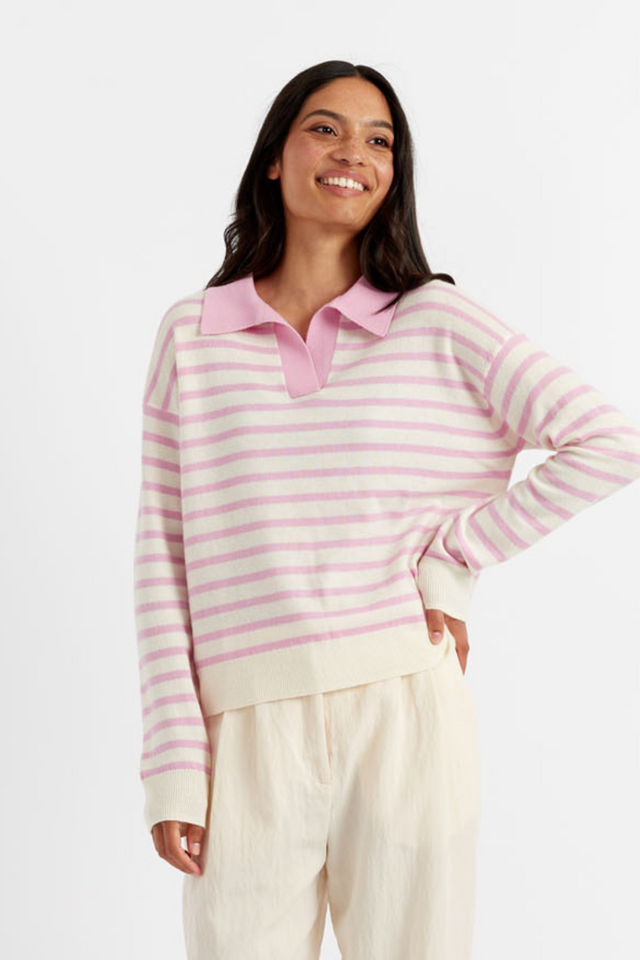 Pink-Lemonade Wool-Cashmere Striped Collar Sweater image 1