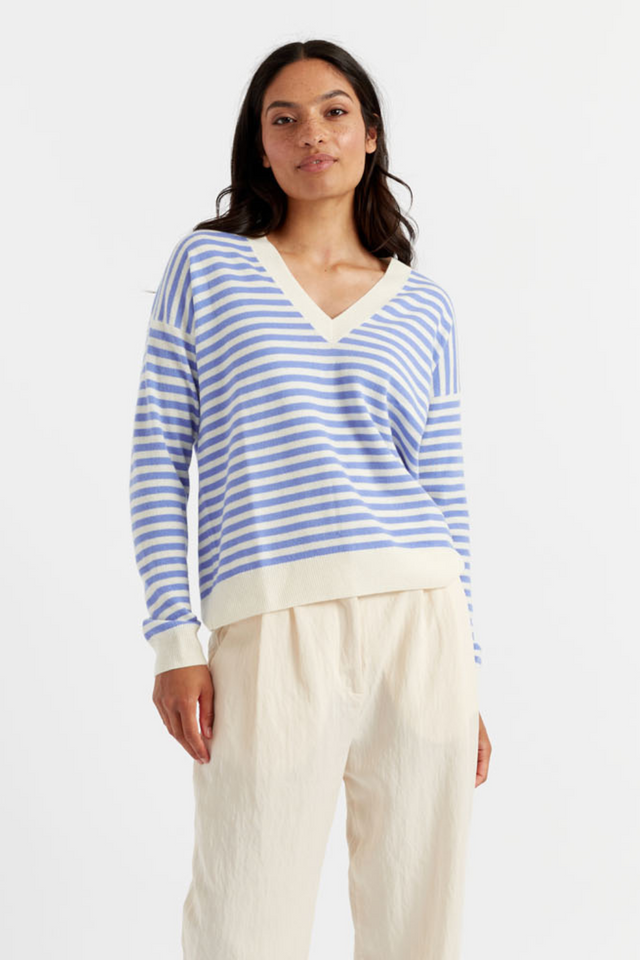 Powder-Blue Wool-Cashmere Stripe V-Neck Sweater image 1