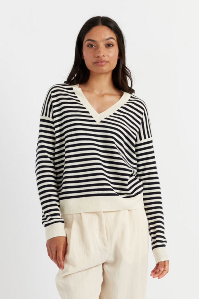 Navy Wool-Cashmere Stripe V-Neck Sweater image 1