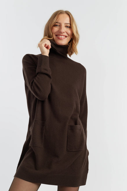 Chocolate Wool-Cashmere Mini Rollneck Dress