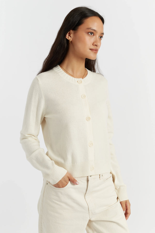 Cream Wool-Cashmere Crew Neck Cardigan image 1