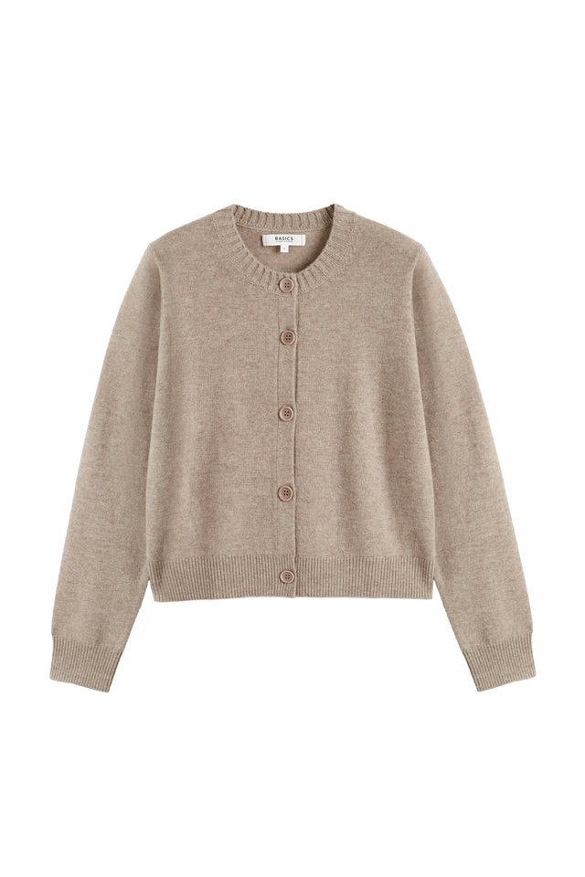 Warm-Oatmeal Wool-Cashmere Crew Neck Cardigan image 4