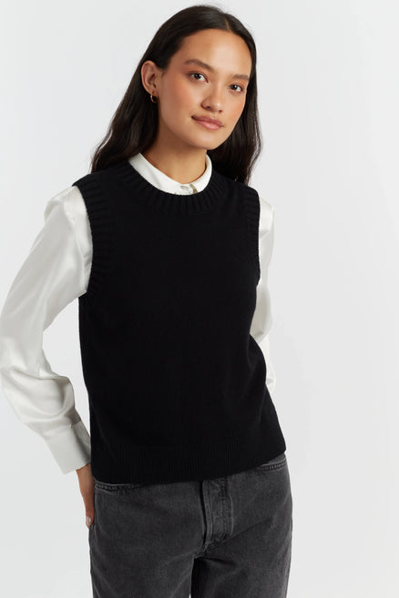 Person wearing a black sweater vest over a white shirt with a plain background