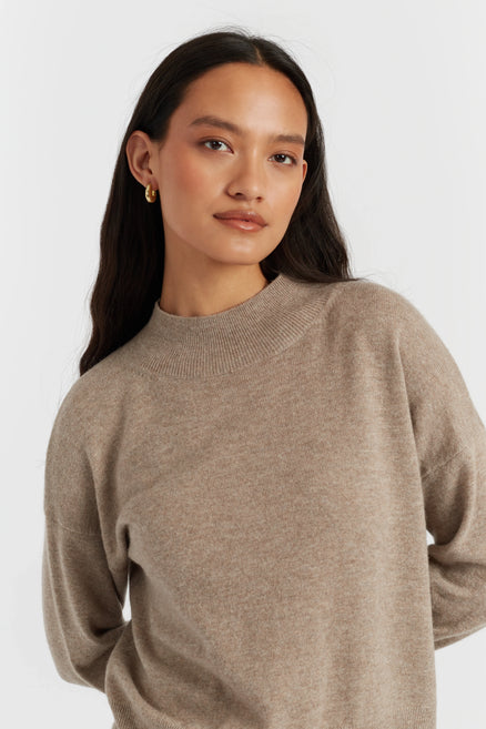 Warm-Oatmeal Wool-Cashmere Funnel Neck Sweater