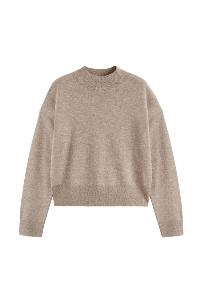 Warm-Oatmeal Wool-Cashmere Funnel Neck Sweater image 4