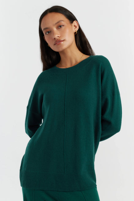 Woman wearing a green sweater against a white background