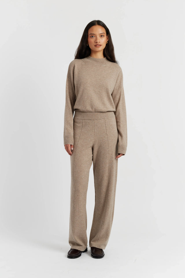 Warm-Oatmeal Wool-Cashmere Wide-Leg Track Pants image 1