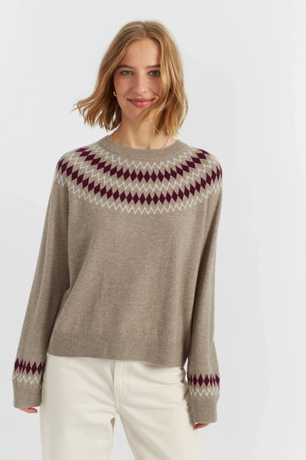 Warm-Oatmeal Wool-Cashmere Fair Isle Sweater