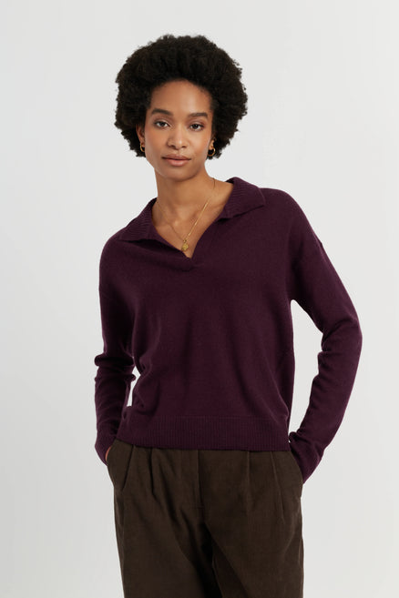 Aubergine Wool-Cashmere Collared Sweater