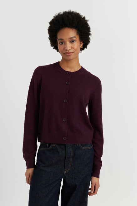 Aubergine Wool-Cashmere Crew Neck Cardigan