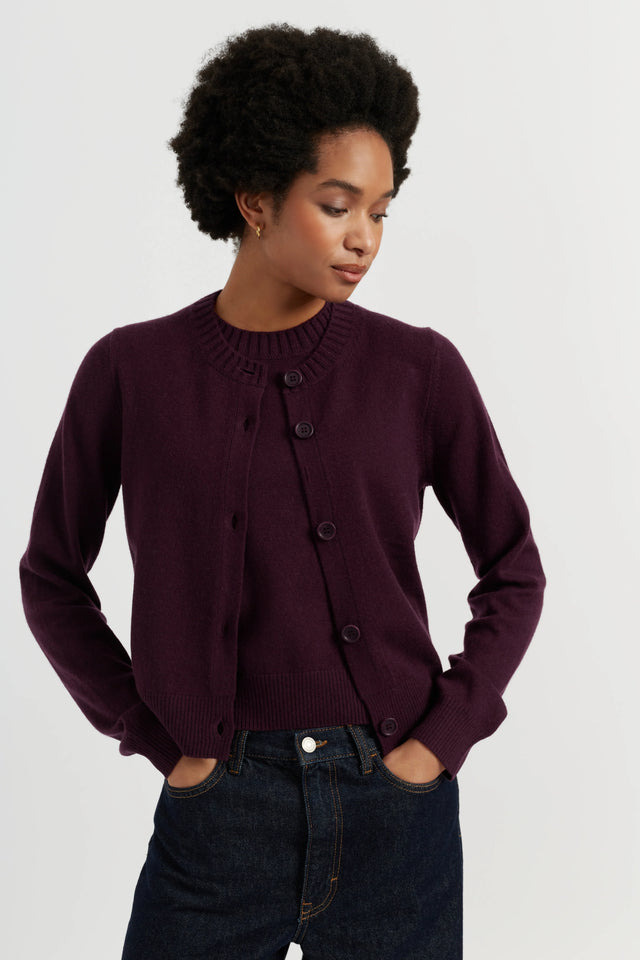 Aubergine Wool-Cashmere Crew Neck Cardigan image 4