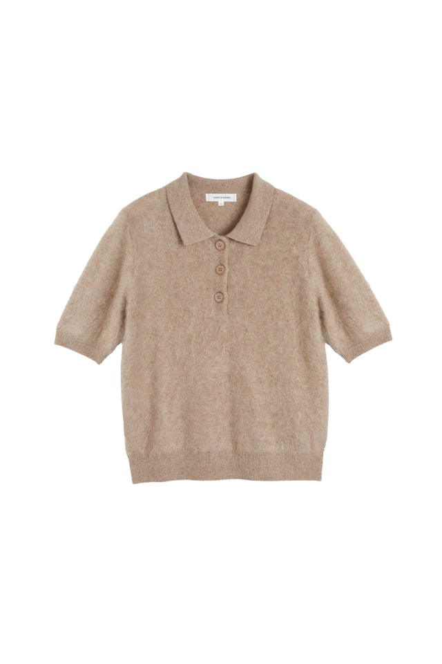 Warm-Oatmeal Brushed Cashmere Polo Tee image 4