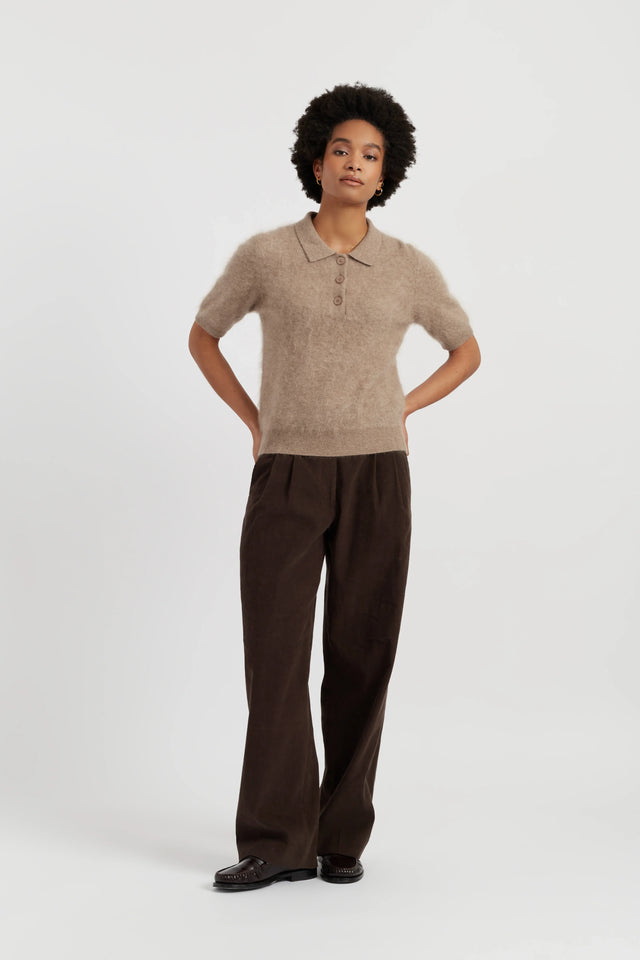 Warm-Oatmeal Brushed Cashmere Polo Tee image 2