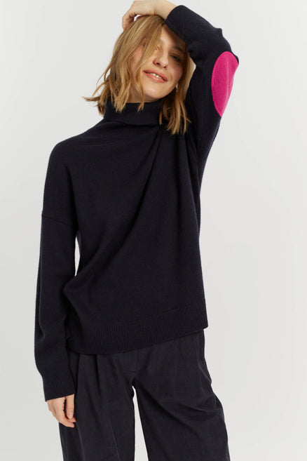Navy Wool-Cashmere Elbow Patch Rollneck Sweater