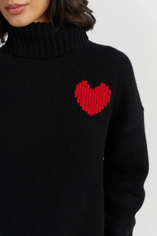 Black-Melange Merino Heart Rollneck Sweater image 2