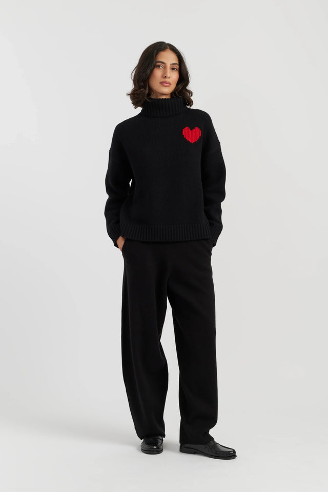 Black-Melange Merino Heart Rollneck Sweater image 3
