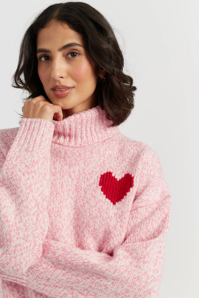 Salmon-Melange Merino Heart Rollneck Sweater image 2