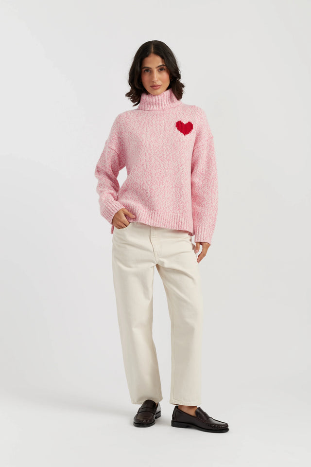 Salmon-Melange Merino Heart Rollneck Sweater image 3