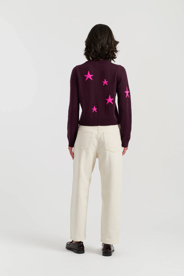 Aubergine Wool-Cashmere Star Round-neck Cardigan image 3