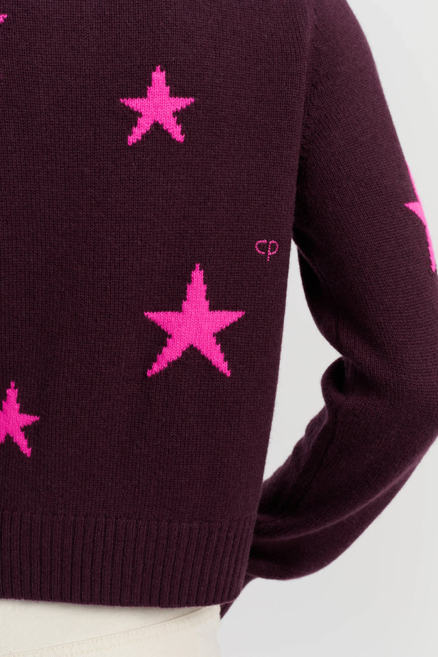 Aubergine Wool-Cashmere Star Round-neck Cardigan image 4
