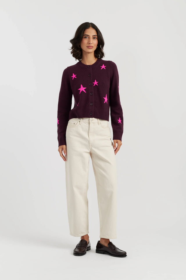 Aubergine Wool-Cashmere Star Round-neck Cardigan image 2
