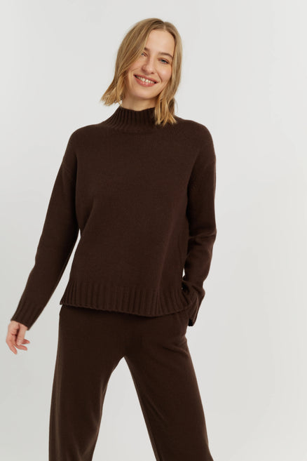 Chocolate Pure Cashmere Funnel Neck Sweater