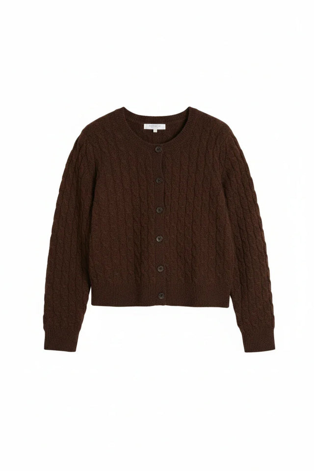Chocolate Pure Cashmere Cabled Crew Neck Cardigan image 4