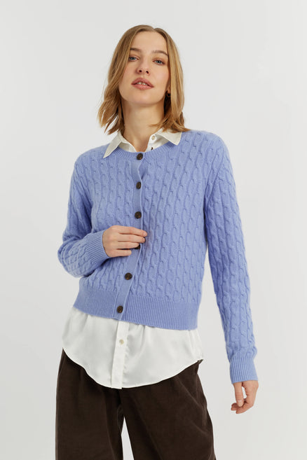 Baby-Blue Pure Cashmere Cabled Crew Neck Cardigan