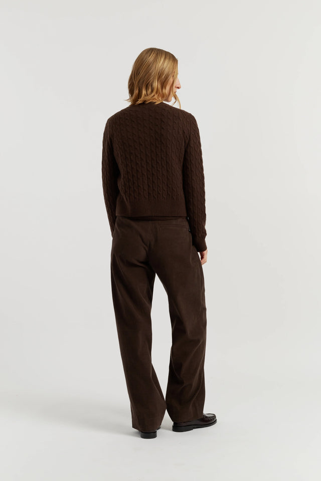 Chocolate Pure Cashmere Cabled Crew Neck Cardigan image 3