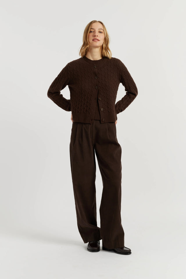 Chocolate Pure Cashmere Cabled Crew Neck Cardigan image 2