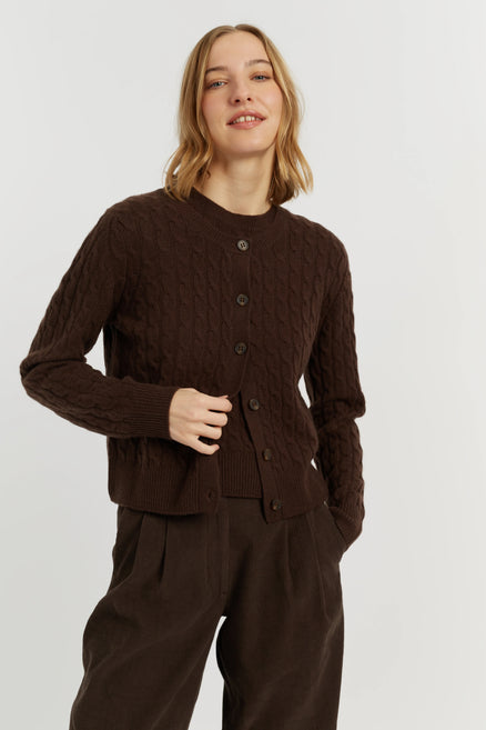 Chocolate Pure Cashmere Cabled Crew Neck Cardigan