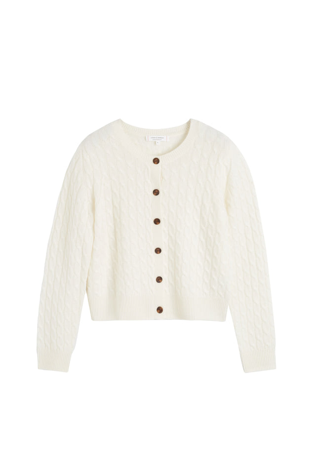 Cream Pure Cashmere Cabled Crew Neck Cardigan image 4