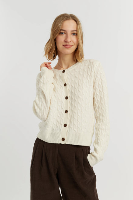 Cream Pure Cashmere Cabled Crew Neck Cardigan