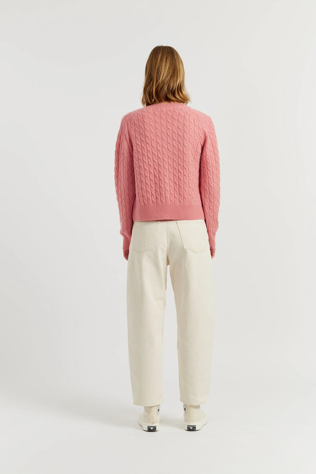Salmon Pure Cashmere Cabled Crew Neck Cardigan image 3