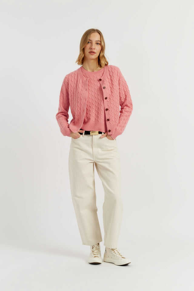 Salmon Pure Cashmere Cabled Crew Neck Cardigan image 2