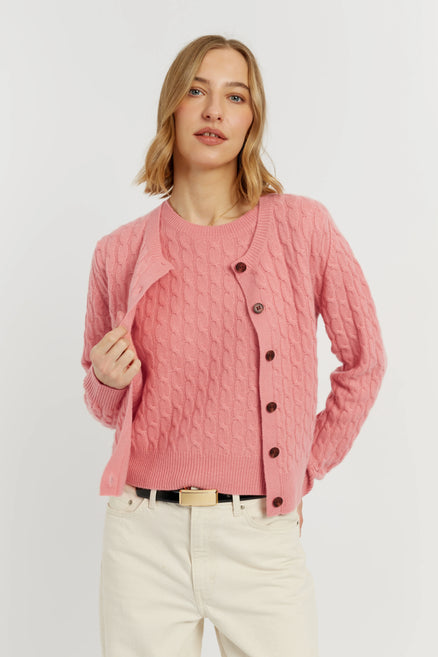 Salmon Pure Cashmere Cabled Crew Neck Cardigan