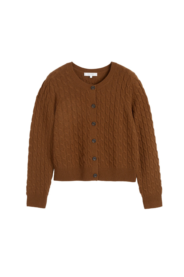 Toffee Pure Cashmere Cabled Crew Neck Cardigan image 2