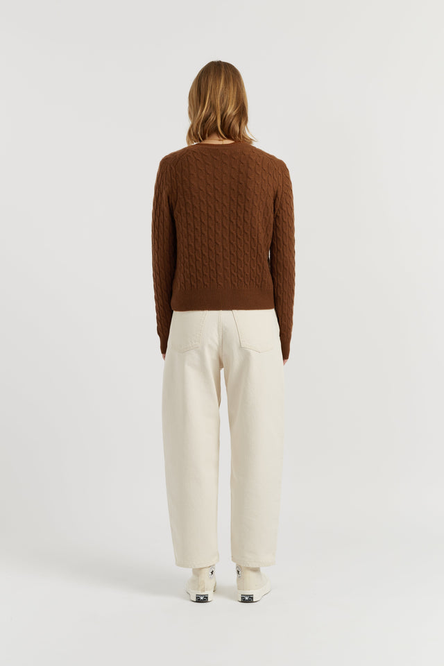 Toffee Pure Cashmere Cabled Crew Neck Cardigan image 3