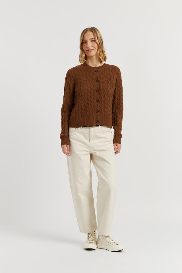 Toffee Pure Cashmere Cabled Crew Neck Cardigan image 4