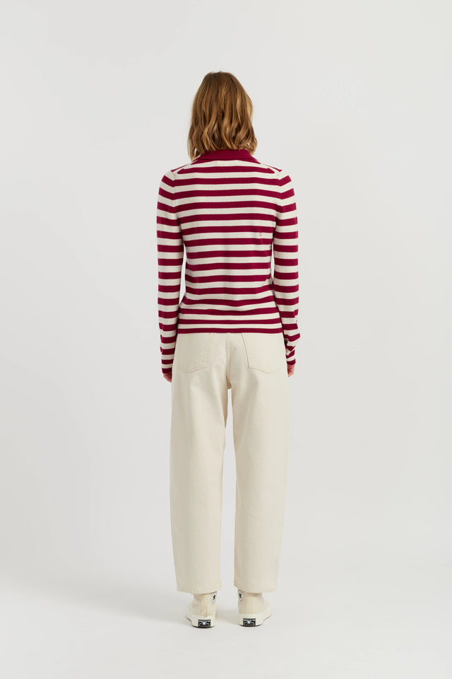 Cherry Wool-Cashmere Stripe Collared Sweater image 3