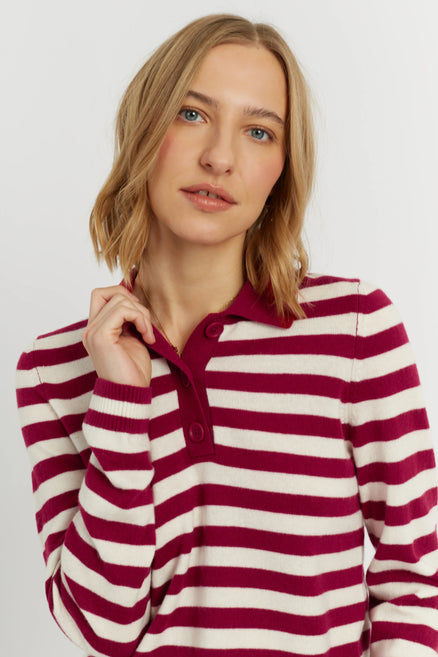 Cherry Wool-Cashmere Stripe Collared Sweater