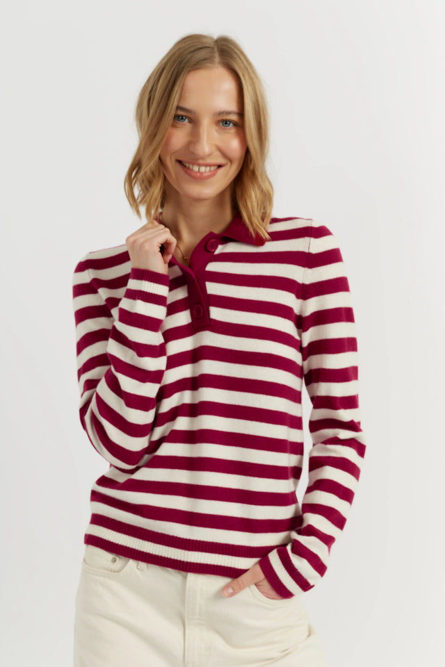 Cherry Wool-Cashmere Stripe Collared Sweater image 4