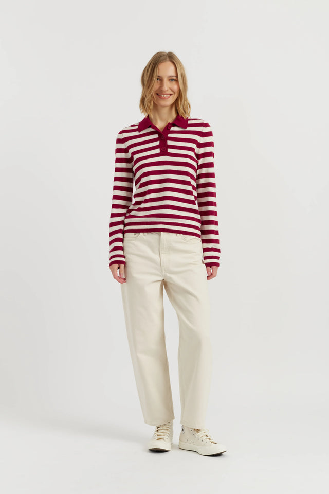 Cherry Wool-Cashmere Stripe Collared Sweater image 2
