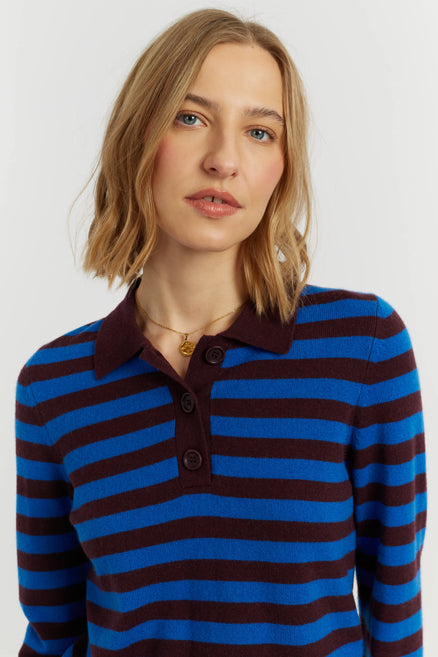 Cobalt Wool-Cashmere Stripe Collared Sweater