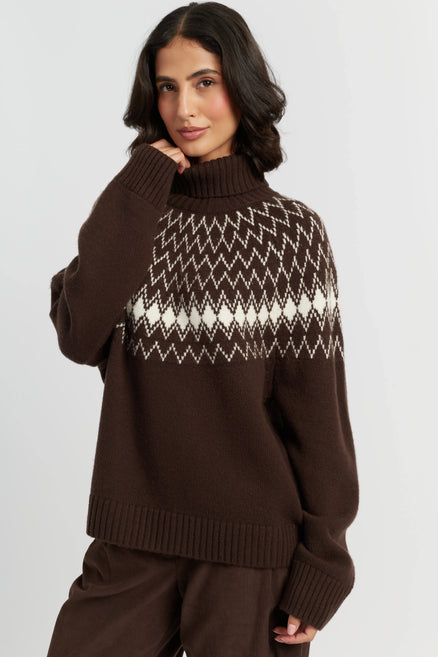 Chocolate Wool-Cashmere Fair Isle Rollneck Sweater
